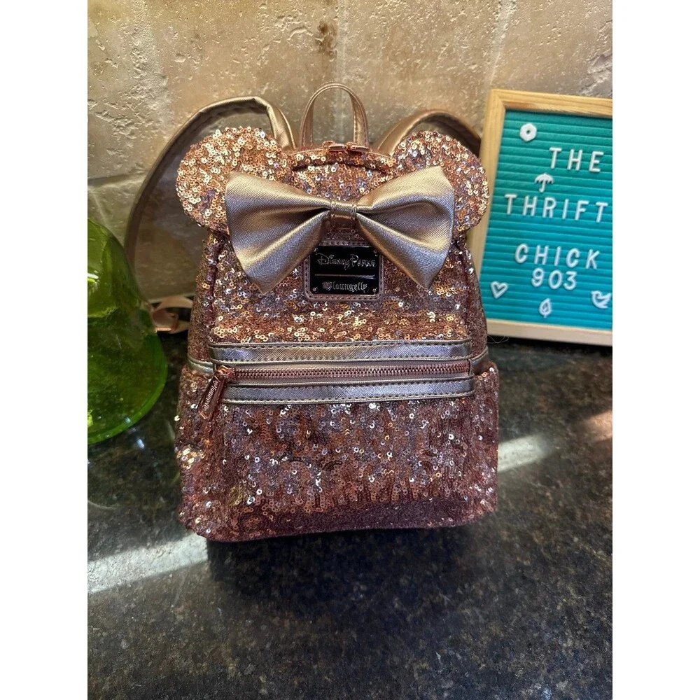 Disney Parks Exclusive Loungefly Sequined Rose Gold Pink Mini Backpack Bag EUC